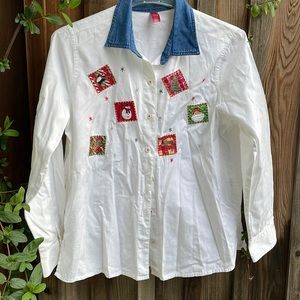 Embroidered ugly Christmas button down shirt